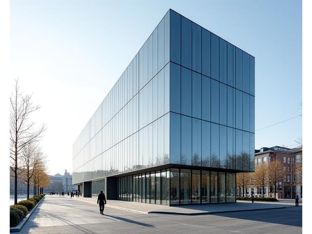 Moderne bygning i Oslo med skarp geometri og reflekterende fasade under klar himmel