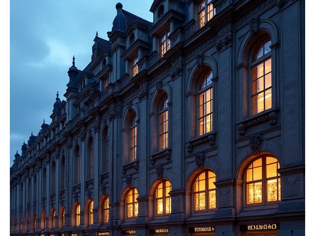 Gammel, detaljert fasade av en historisk bygning i Oslo, belyst av kveldslys