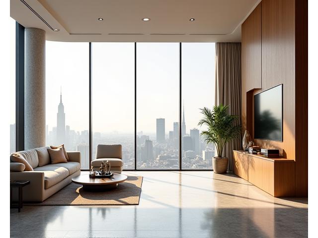 Et stilig interiørbilde av et moderne, minimalistisk rom med store vinduer som slipper inn naturlig lys, fokusert på rene linjer og teksturkontraster i materialer som tre, glass og betong.