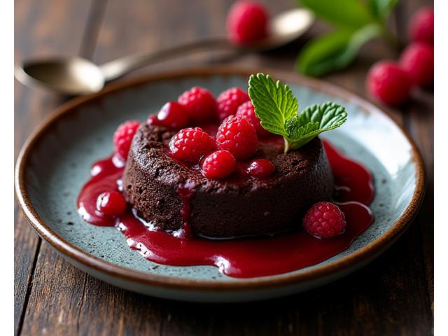 Et kunstnerisk komponert bilde av en elegant servert gourmetrett på en mørk tallerken, med delikat belysning som fremhever teksturer og farger, omgitt av spiselige blomster og utvalgte ingredienser.