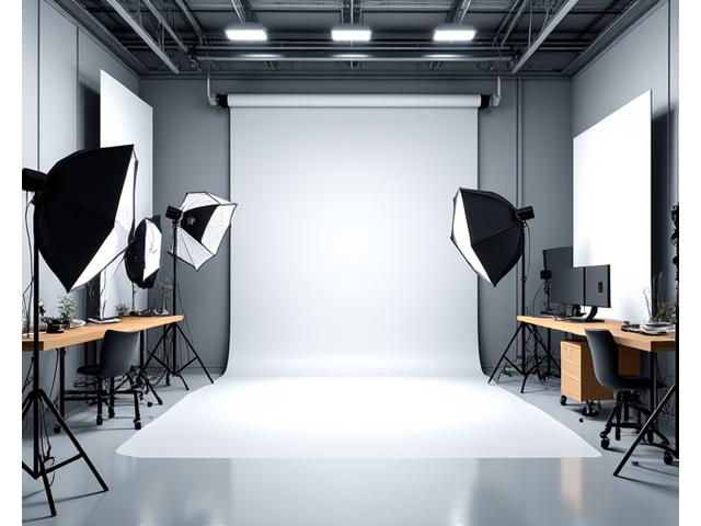 Et romslig, lyst fotostudio utstyrt med profesjonelt belysningsutstyr, flere bakgrunnsystemer, og arbeidsstasjoner, som inviterer til kreative produksjoner.