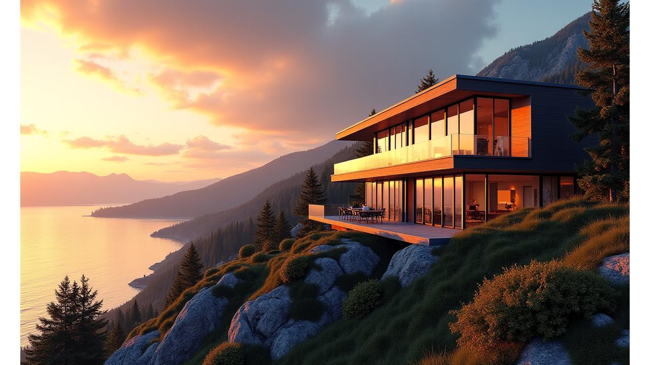 Futuristisk boligbygg ved Oslofjorden i solnedgang