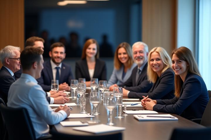 Et profesjonelt gruppebilde av et mangfoldig styre med selvsikre smil i et moderne styrerom.