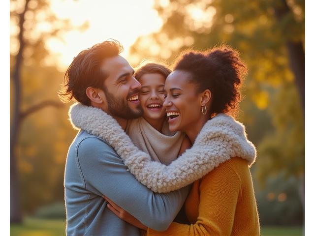 En flerkulturell familie smiler og omfavner hverandre i en varm, hjemlig setting.