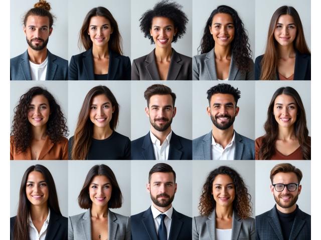 En rekke profesjonelle hodebilder av ulike individer, alle med unike uttrykk og bakgrunner.