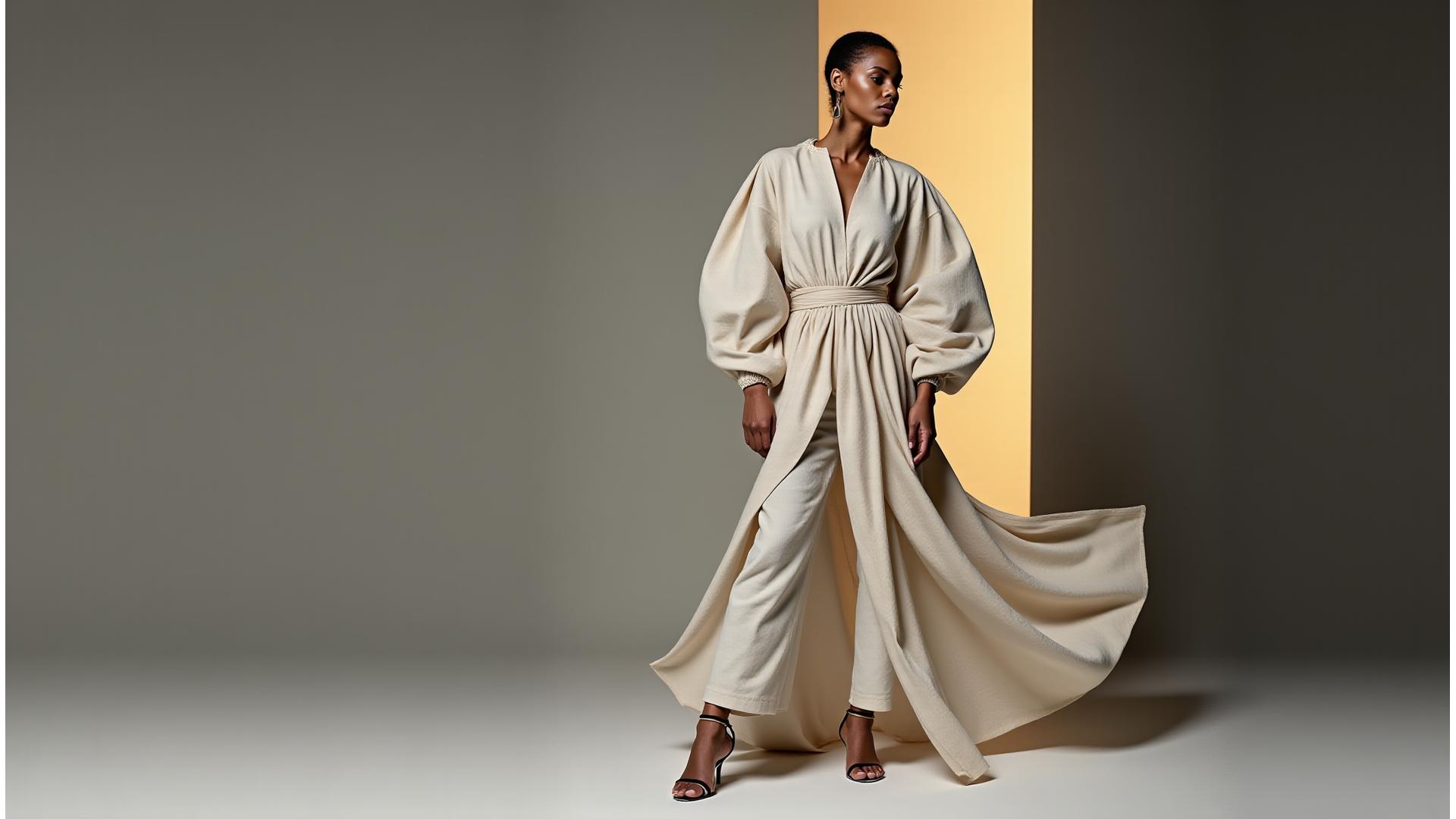 Modell i avantgarde design poserer elegant, fremhever tekstur og form.