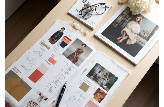 Stilig moodboard med fargepaletter, teksturer og inspirasjonsbilder for en motekampanje.