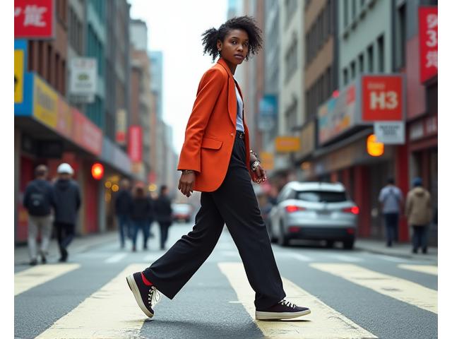 Dynamisk street style fotografering som fanger mote i bevegelse i en travel bygate.