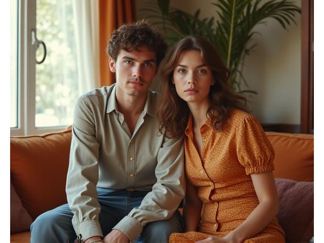 Portrett av et par i 1960-tallsstil, med retrofarger og myk fokus.