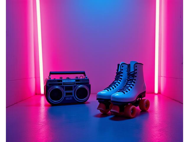 Kommersielt fotografi i 1980-talls neonlys-stil, med sterke farger og geometriske former.