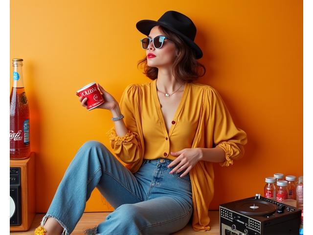 Retro kommersielt fotografi for et mote- eller produktmerke, med levende, mettede farger.