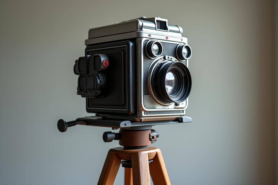 Vintage medium format kamera på et stativ fotograferer et studiooppsett, med fokus på kameraets detaljer.