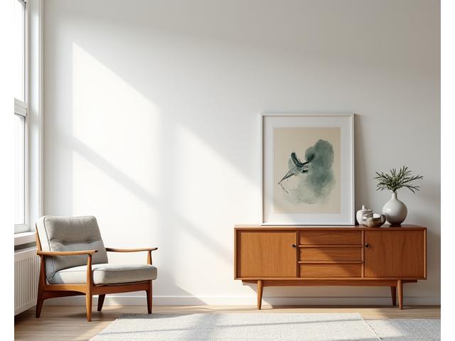 Nordisk vintage interiør med møbler i skandinavisk design og dempede farger, tatt med mykt lys.