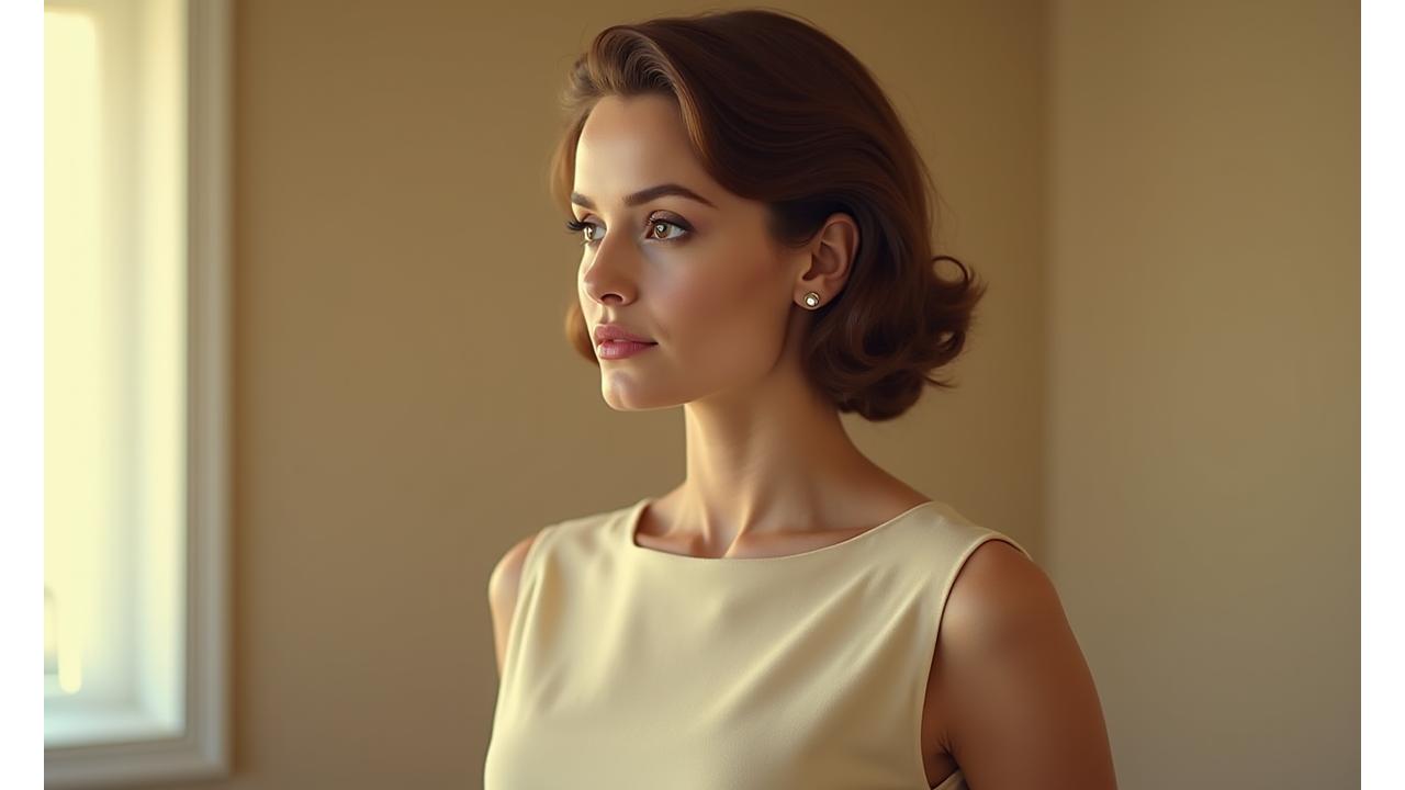 Vintage-inspirert portrett av en kvinne i en 60-talls kjole med myk, filmisk fargepalett og kornete tekstur.