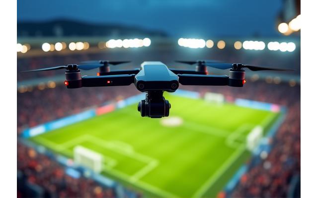 En drone som flyr over et stort sportsstadion under en kamp, fanger et unikt luftperspektiv av arrangementet