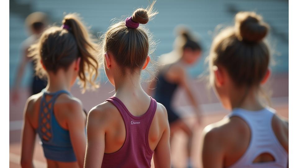 Idrettsutøvere varmer opp før et arrangement, med fokuserte ansikter og dynamiske bevegelser i et godt opplyst område