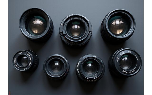 En rekke teleobjektiver arrangert profesjonelt på en mørk overflate, fremhever utstyrets kvalitet