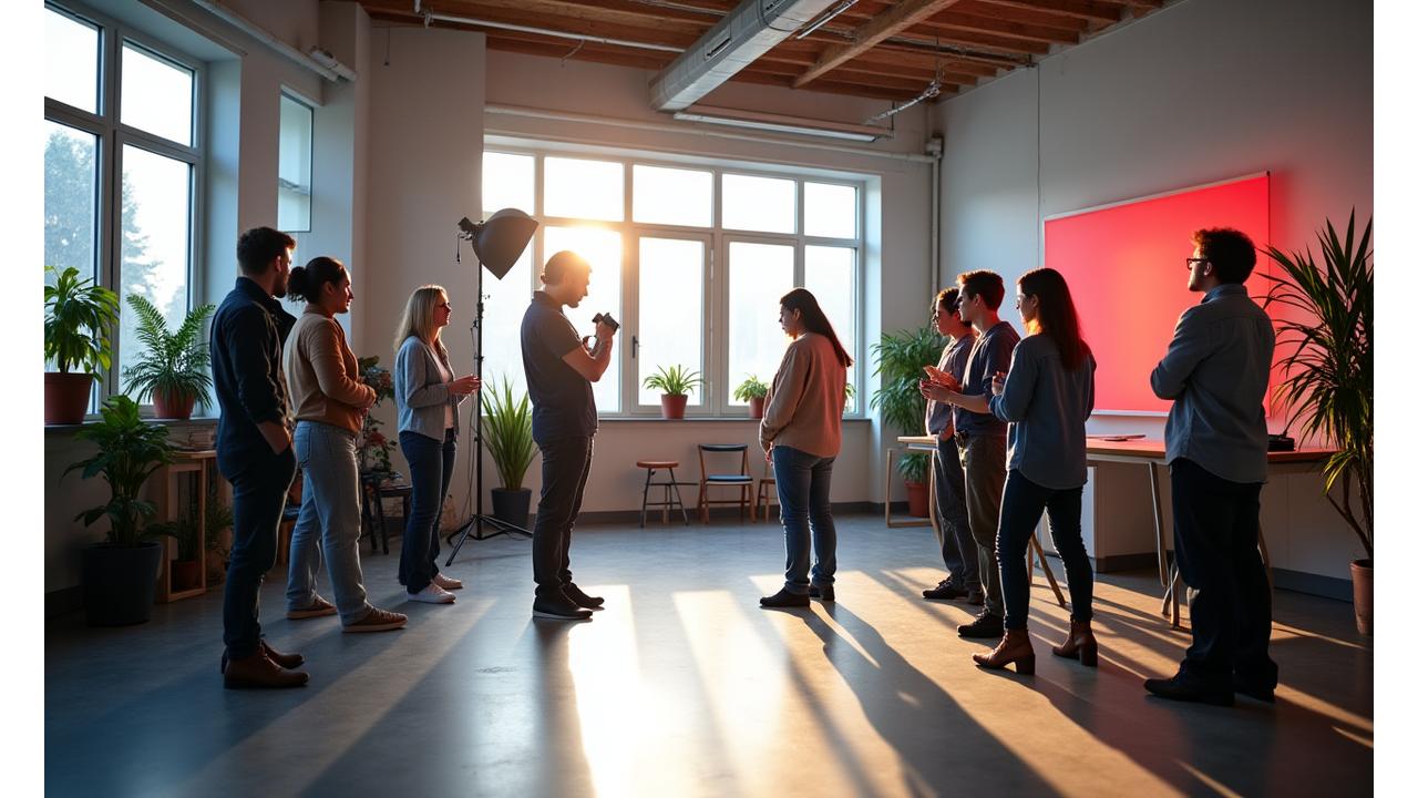 En gruppe fotografer deltar på en workshop i et lyst og romslig fotostudio